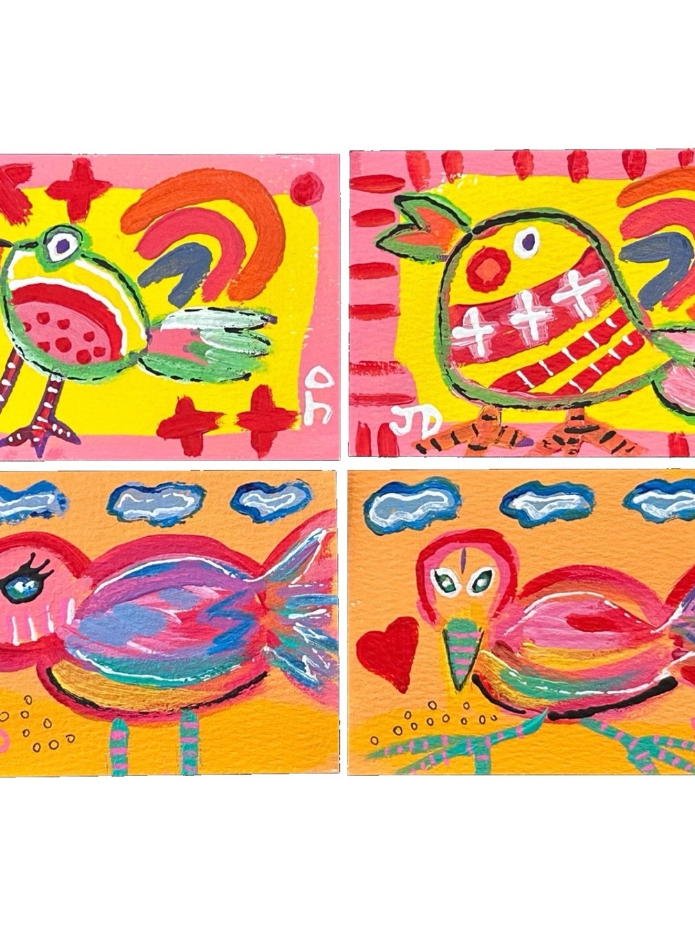 ACEO Original Art Cards - Whimsical Birds (Set of 4) Hand-Painted, One-of-a-Kind